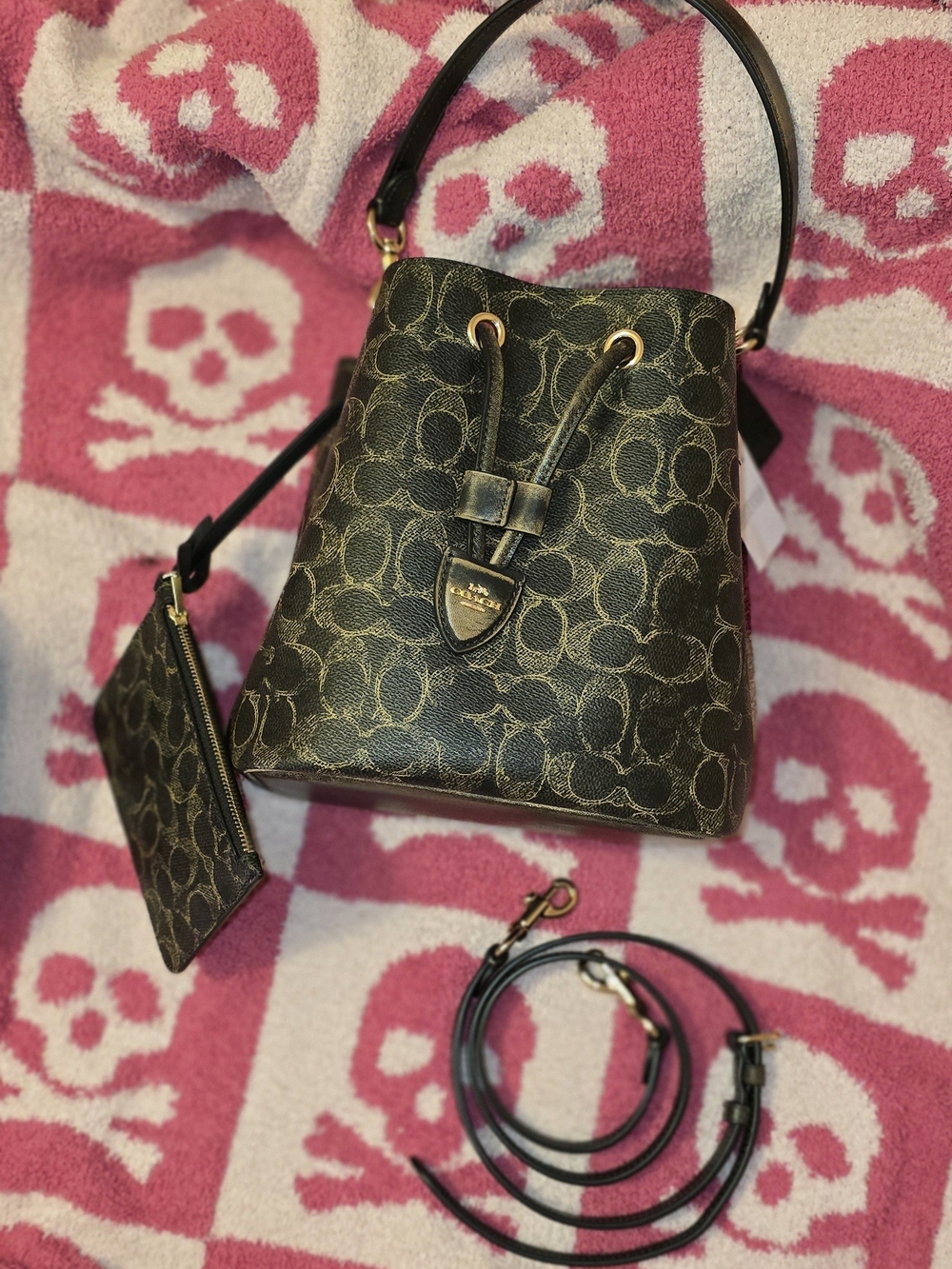 Coach Black Signature Canvas Drawstring Bucket Bag with Gold Accents